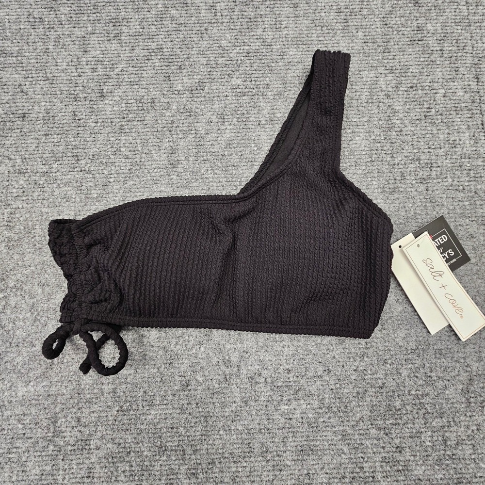 Salt + Cove Women Bikini Top One Shoulder Smocked Side Tie Swimsuit Black XS NWT